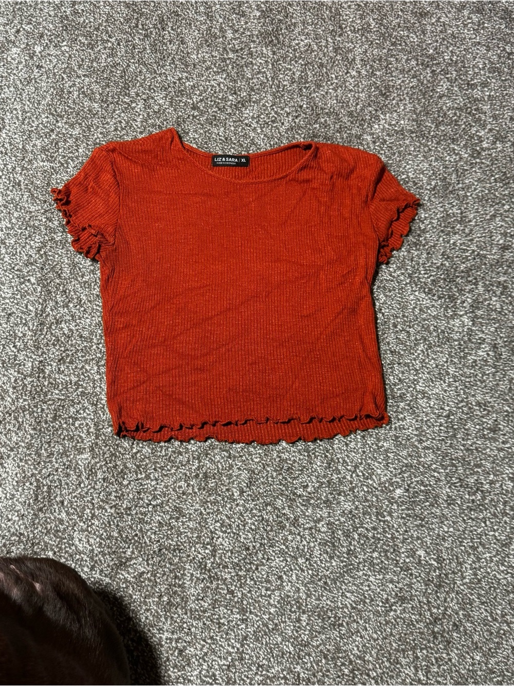 Liz & Sara Rust Ribbed Ruffle-Edge Cropped Top